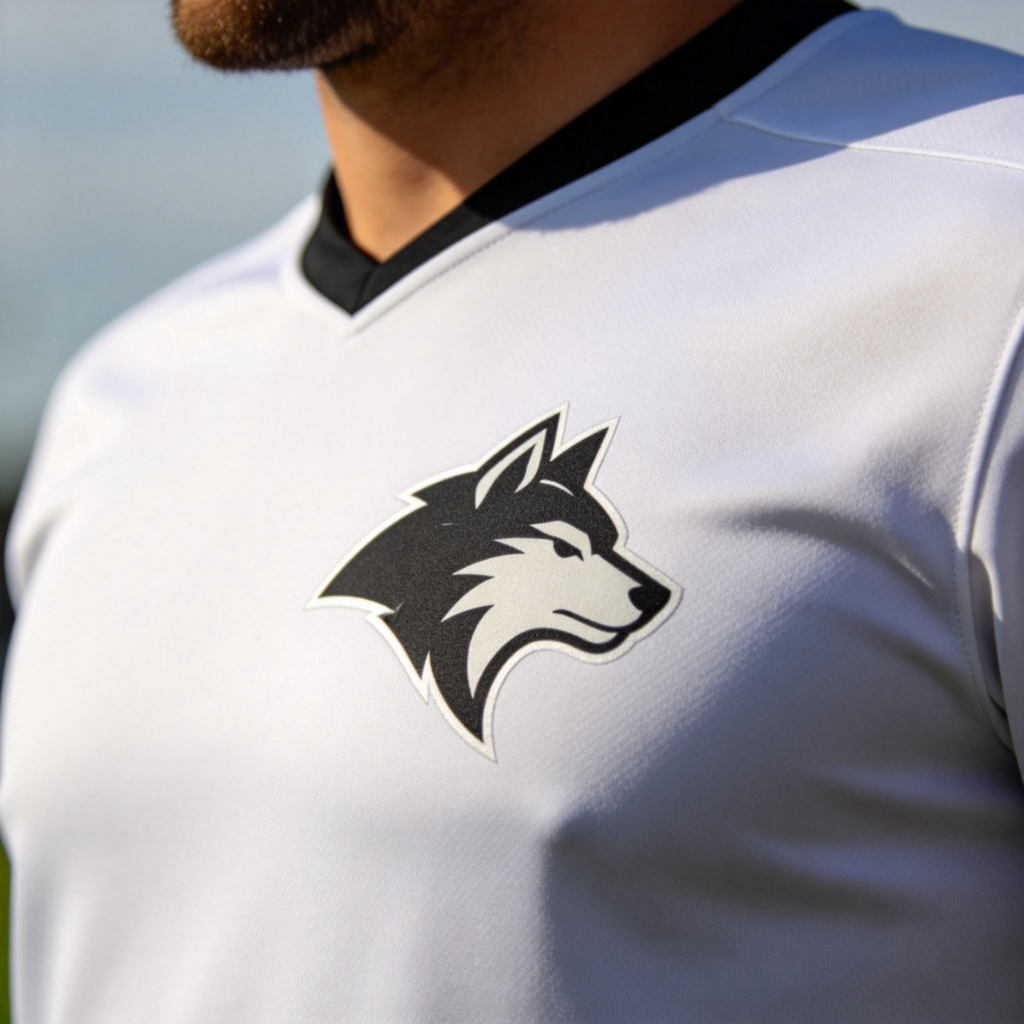 A close-up of a sports team jersey, clearly showing a large, simple logo or emblem on the chest. The logo is stylized but recognizable (e.g., a stylized animal or letter). The background is plain fabric, focusing only on the symbol that represents the team.