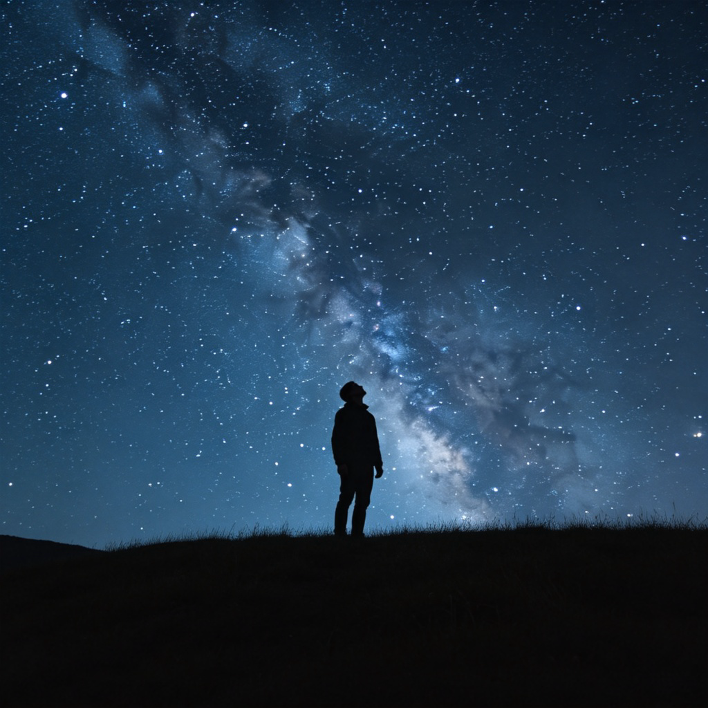 A breathtaking view of a dark night sky filled with countless tiny, twinkling white stars. A silhouetted figure stands on a hill, looking up in awe. The Milky Way galaxy is faintly visible as a cloudy band. No city lights, just natural darkness. No text.