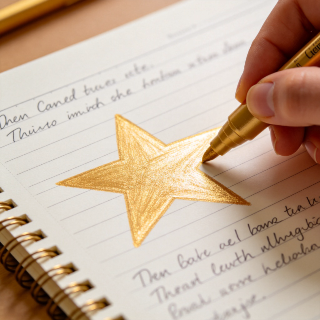A close-up of a child's school notebook. On a page with neat handwriting, a teacher has drawn a large, perfect, five-pointed gold star with a shiny marker. The star is the only mark on the page. Clean, simple background. No text.