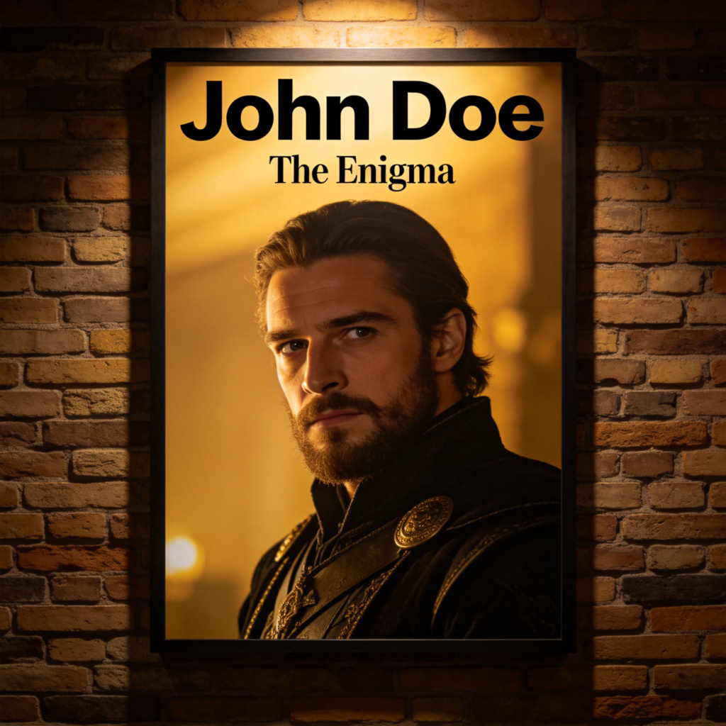 A movie poster on a wall. The title is large, but the biggest text is the name of the lead actor, displayed prominently at the top. A dramatic photo of the actor in character takes up most of the poster. Cinema lighting. No text on the image itself besides the described poster elements.