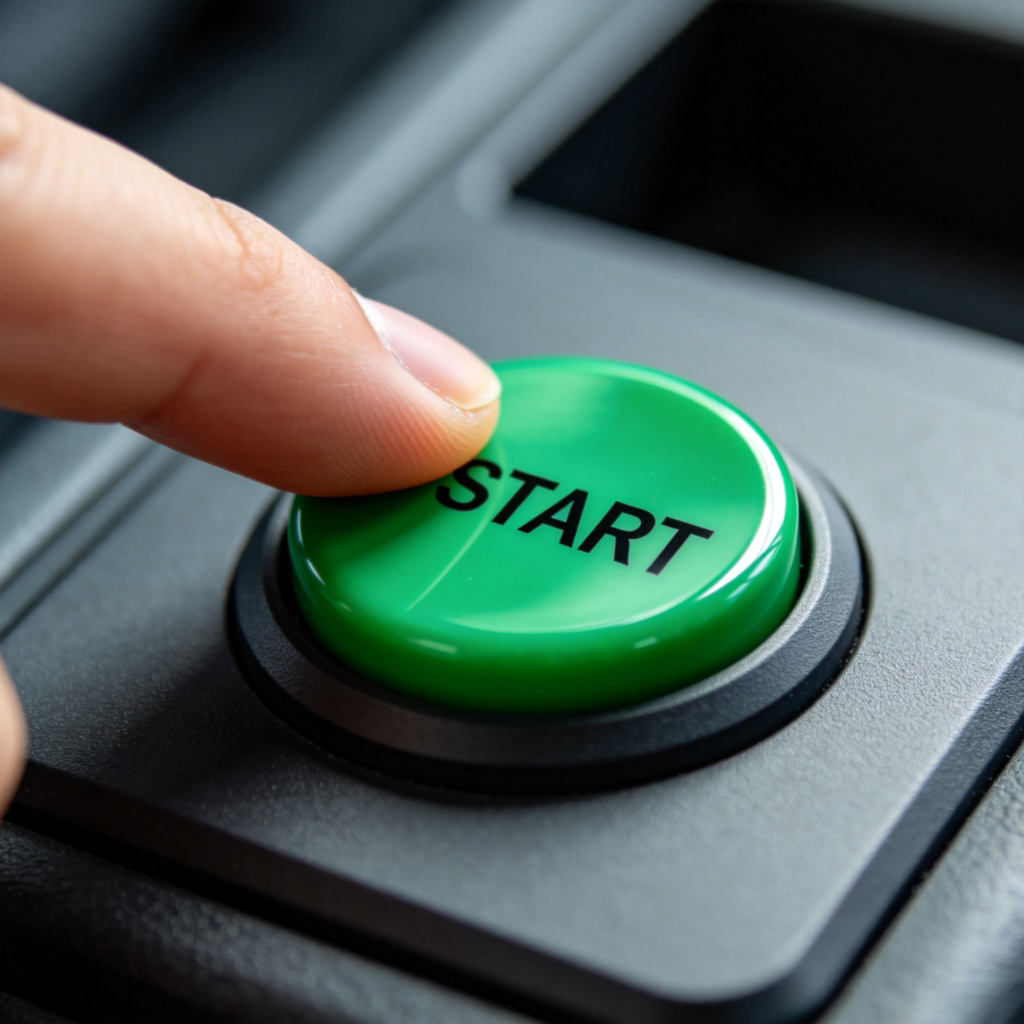 A close-up photo of a person's finger pressing a large, shiny green button labeled 'START' on a simple control panel. The background is blurred, focusing entirely on the action of initiation. Natural lighting, realistic style, no text or logos.