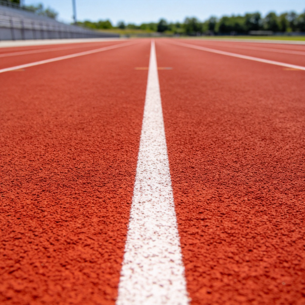 A wide-angle photograph of an empty running track on a sunny day. The white starting line is sharply in focus on the red track, with the lanes stretching straight ahead into the distance. No people, clean composition, emphasizing the line as the point of origin.