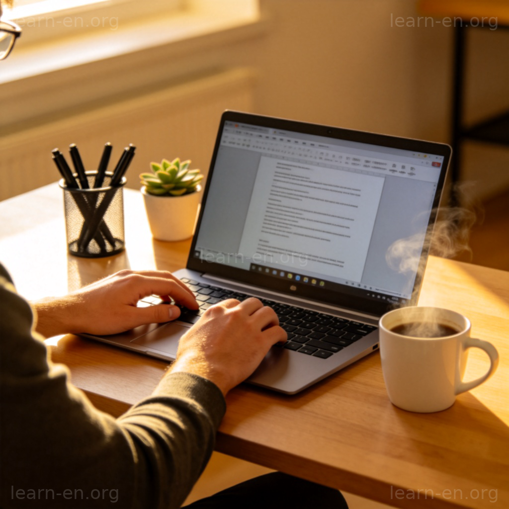 Person starting work at desk with computer and coffee.