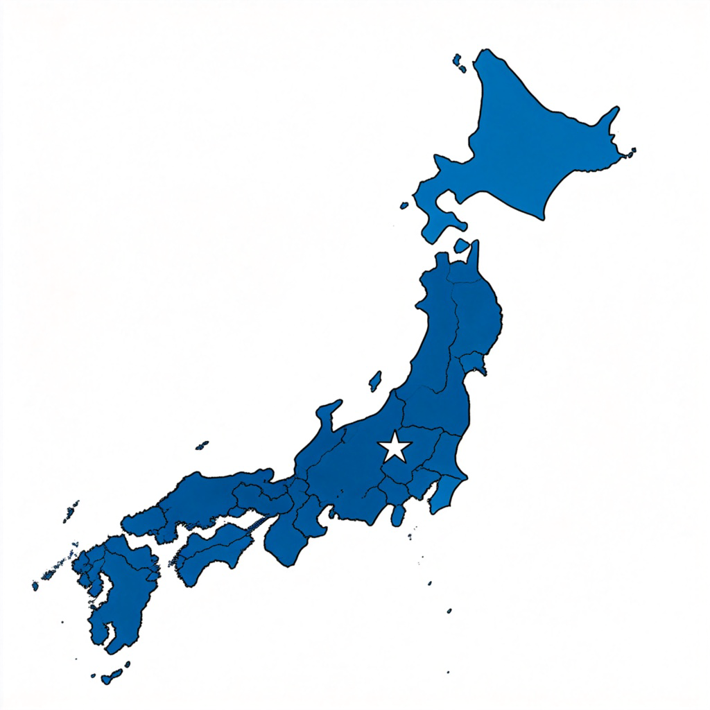 A clear, colorful political map of a single country with defined borders, such as France or Japan, isolated on a white background. The country is shaded in a solid color, with a star marking the location of its capital city. No text, flags, or additional details.
