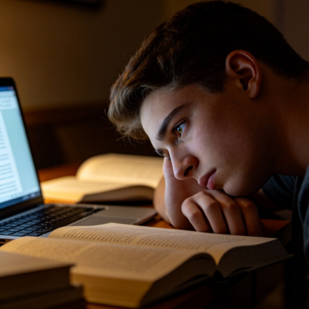 A close-up side view of a young adult sitting at a desk, head resting wearily on one hand, surrounded by open books and a laptop. Their eyes look tired, and the lighting is warm but dim, conveying a state of mental fatigue. No text.