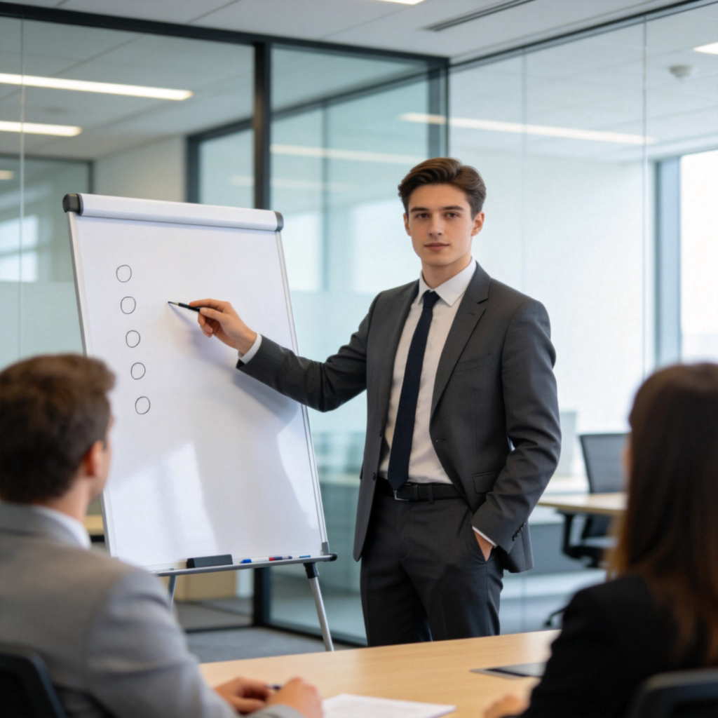 A person in a modern office conference room, standing and speaking confidently at a whiteboard. They are pointing to a simple bullet-point list written on the board. Other attentive listeners are seen in soft focus in the background. The scene conveys formal communication. No text on the whiteboard.