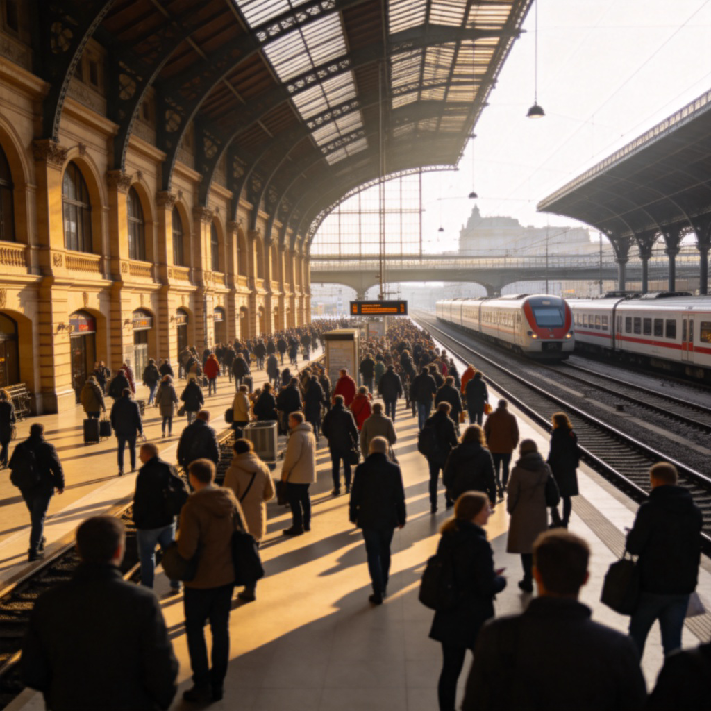 A bustling train station with platforms full of people waiting, trains visible in the background, clear signs showing departure times. Daylight, realistic photography style, focus on the station building and crowds. No text or logos.