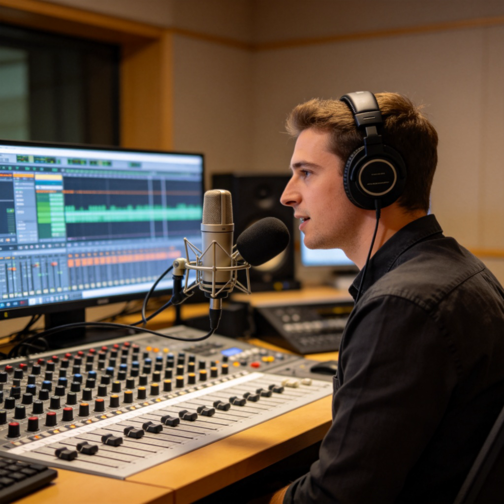 A modern radio studio with a host wearing headphones, speaking into a microphone, surrounded by sound mixing equipment and monitors. Soft studio lighting, clean and professional setup. No text or logos.