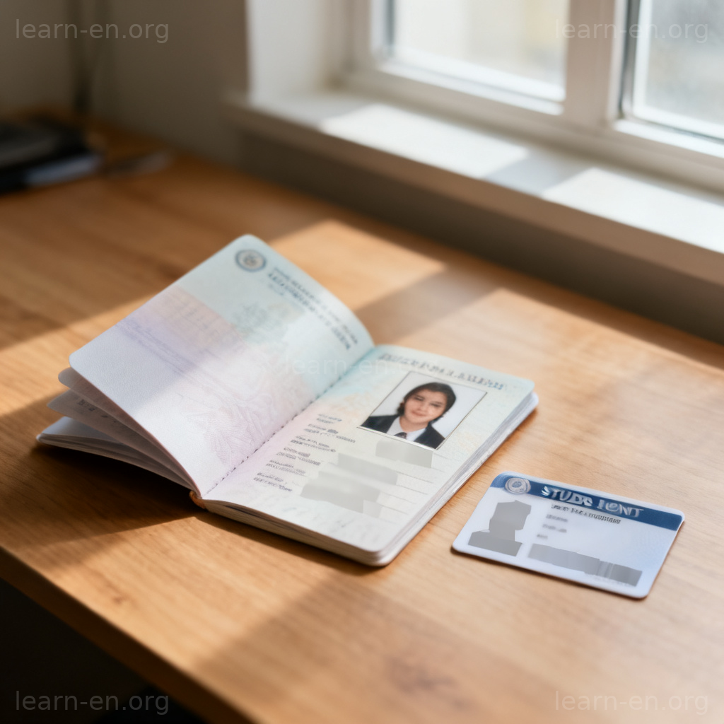Passeport et carte d'étudiant posés sur un bureau en bois