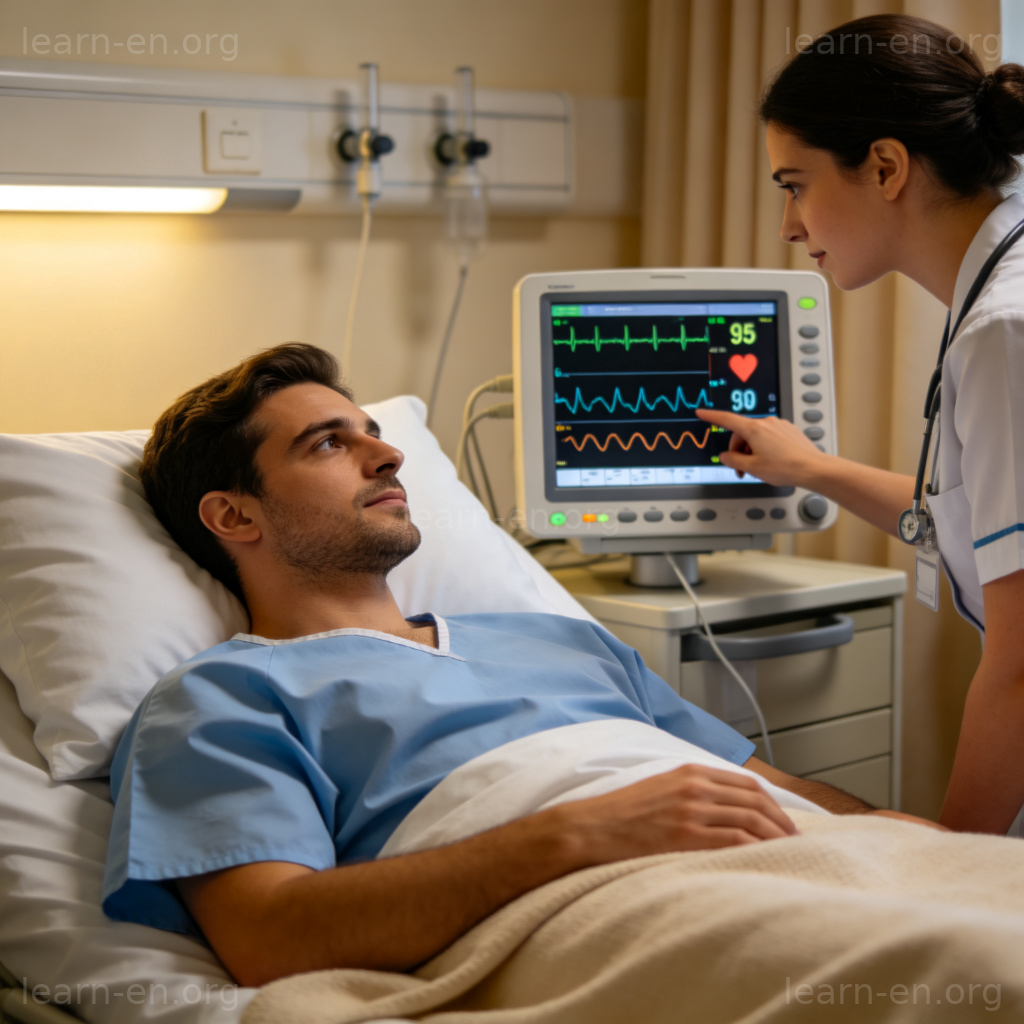 Stay in the Hospital 图解：病人在病床上接受护士监测的场景