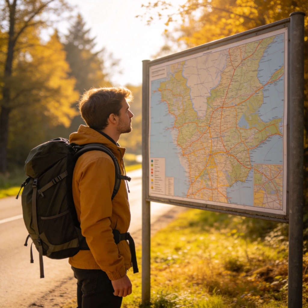 A person standing still by a roadside map, looking at it with curiosity. They are wearing a backpack, suggesting they are a traveler. The background shows a clear path and trees. Sunny day, natural lighting, focus on the person's stationary posture. No text.
