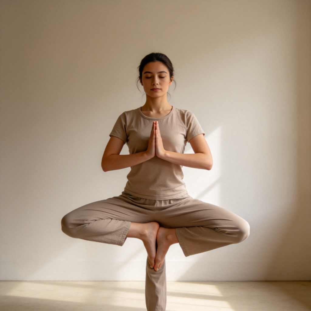 A person in comfortable clothing holding a yoga pose, such as Tree Pose, perfectly balanced and still. The expression is serene and focused. Soft indoor lighting, plain background. The image conveys a sense of maintaining a state of calm and balance. No text.