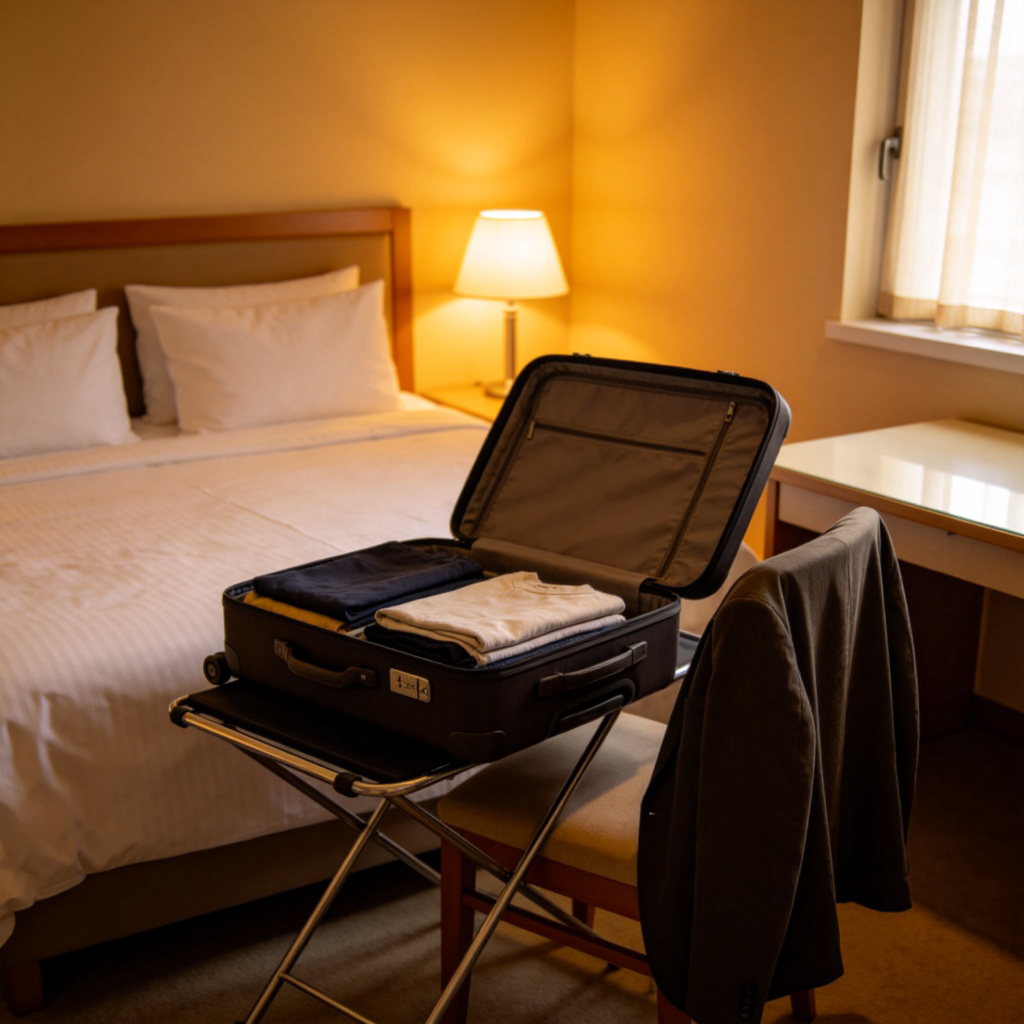 A cozy, tidy hotel room with a neatly made bed, a suitcase open on a luggage rack, and a jacket draped over a chair. The scene suggests temporary residence. Warm, inviting lighting from a bedside lamp. No people, focus on the temporary living space. No text.