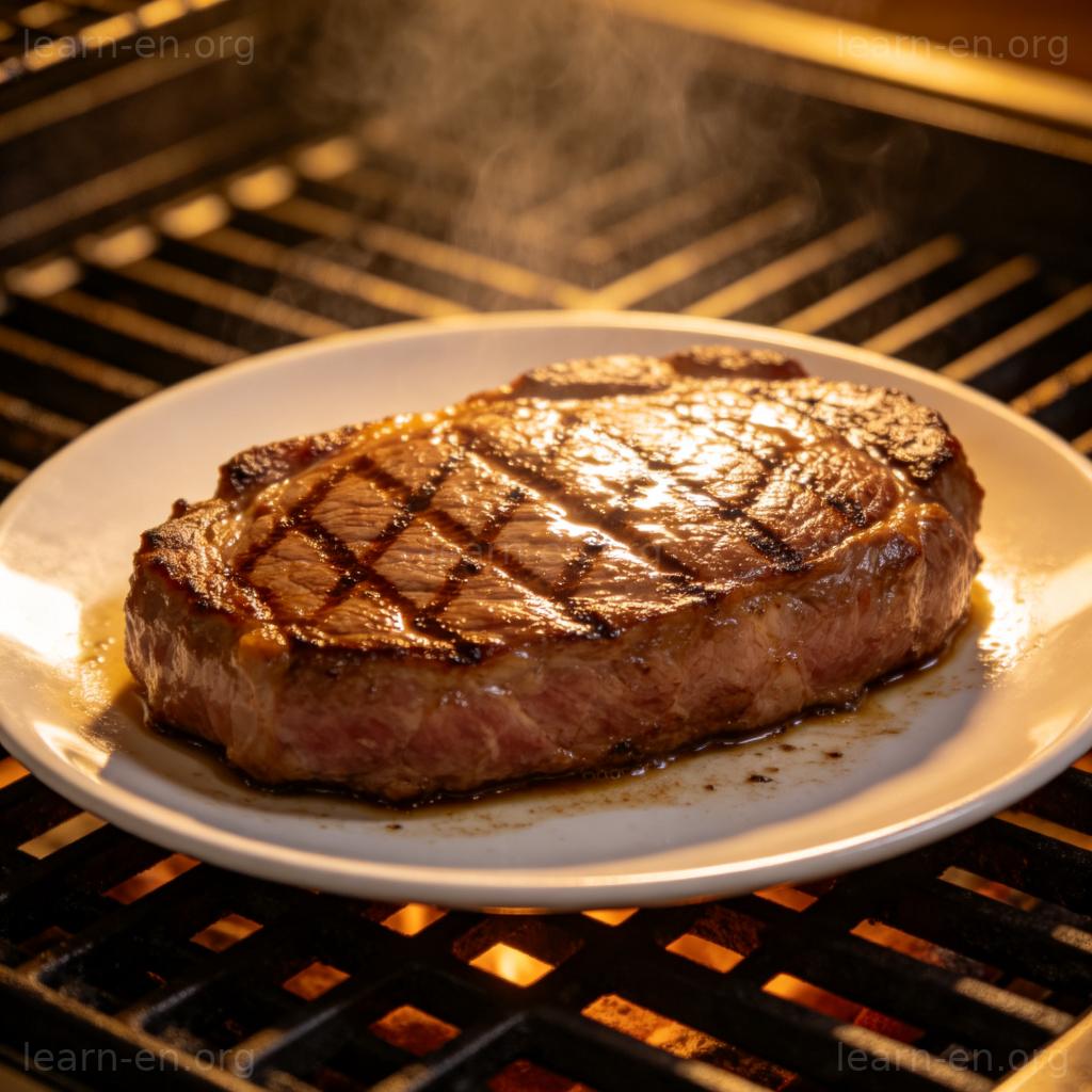 Steak 图解：一块厚切多汁的牛排正在热烤架上滋滋作响