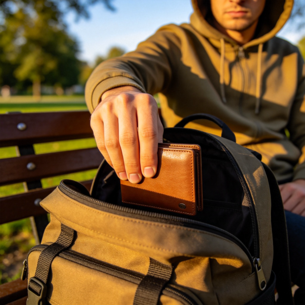 A person with a hoodie, their hand is reaching into an open backpack on a park bench, clearly taking a wallet without the owner's knowledge. The focus is on the action of the hand and the wallet. Sunny day, park setting, realistic style. No text.