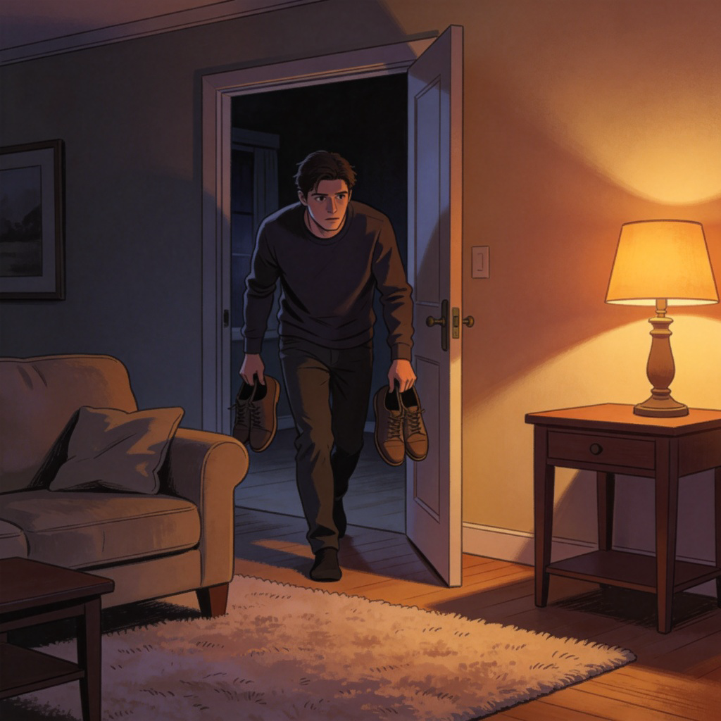 A person tip-toeing silently out of a living room late at night, holding their shoes, careful not to wake up anyone. Dim lighting, cozy home interior, focused on the quiet movement. Realistic illustration. No text.