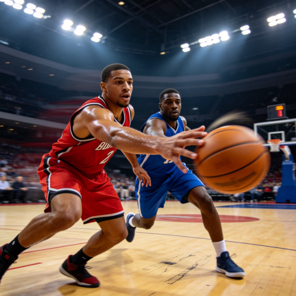A basketball player in a red jersey, arm extended, successfully knocking the ball away from an opponent in a blue jersey during a game. Action shot, indoor stadium, dynamic motion. Photorealistic style. No text.
