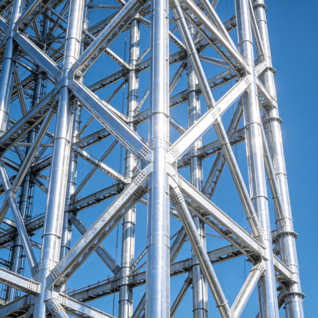 A close-up view of the gleaming silver skeleton of a skyscraper under construction, showing intersecting steel beams against a clear blue sky. The metal has a solid, industrial look. No people in the shot. Sharp focus, bright daylight.