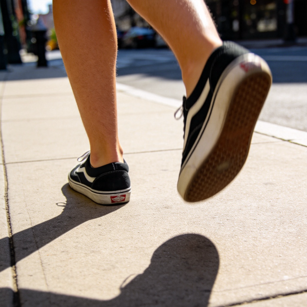 A side view close-up of a person's legs, one foot firmly on the ground and the other lifted mid-air, about to take a step forward on a plain sidewalk. Bright daylight, sharp focus on the motion, casual shoes visible. No text, no other people in frame.