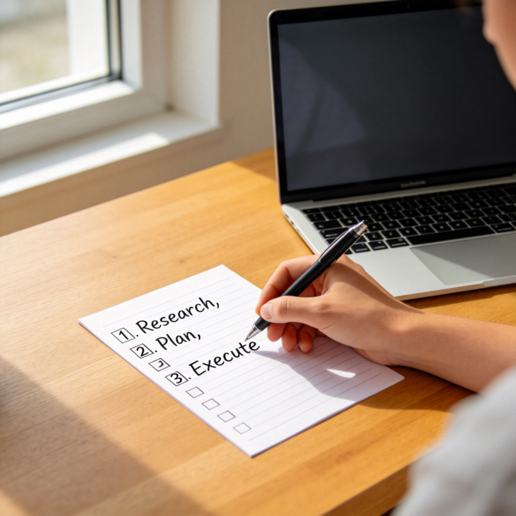 A person's hand holding a pen, checking off an item on a numbered to-do list that reads '1. Research, 2. Plan, 3. Execute'. The list is on a wooden desk next to a laptop. Natural light from a window, clean and organized background. No text visible on the laptop screen.