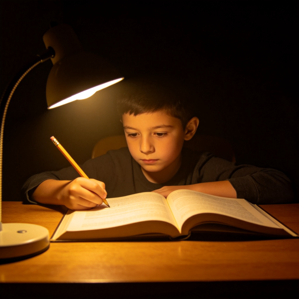 A child sits at a wooden desk late at night, a single desk lamp illuminating an open textbook. The room is dark around them, but they are still studying, with a pencil in hand. Warm, focused lighting on the child's face and the book. The image conveys a sense of quiet persistence.