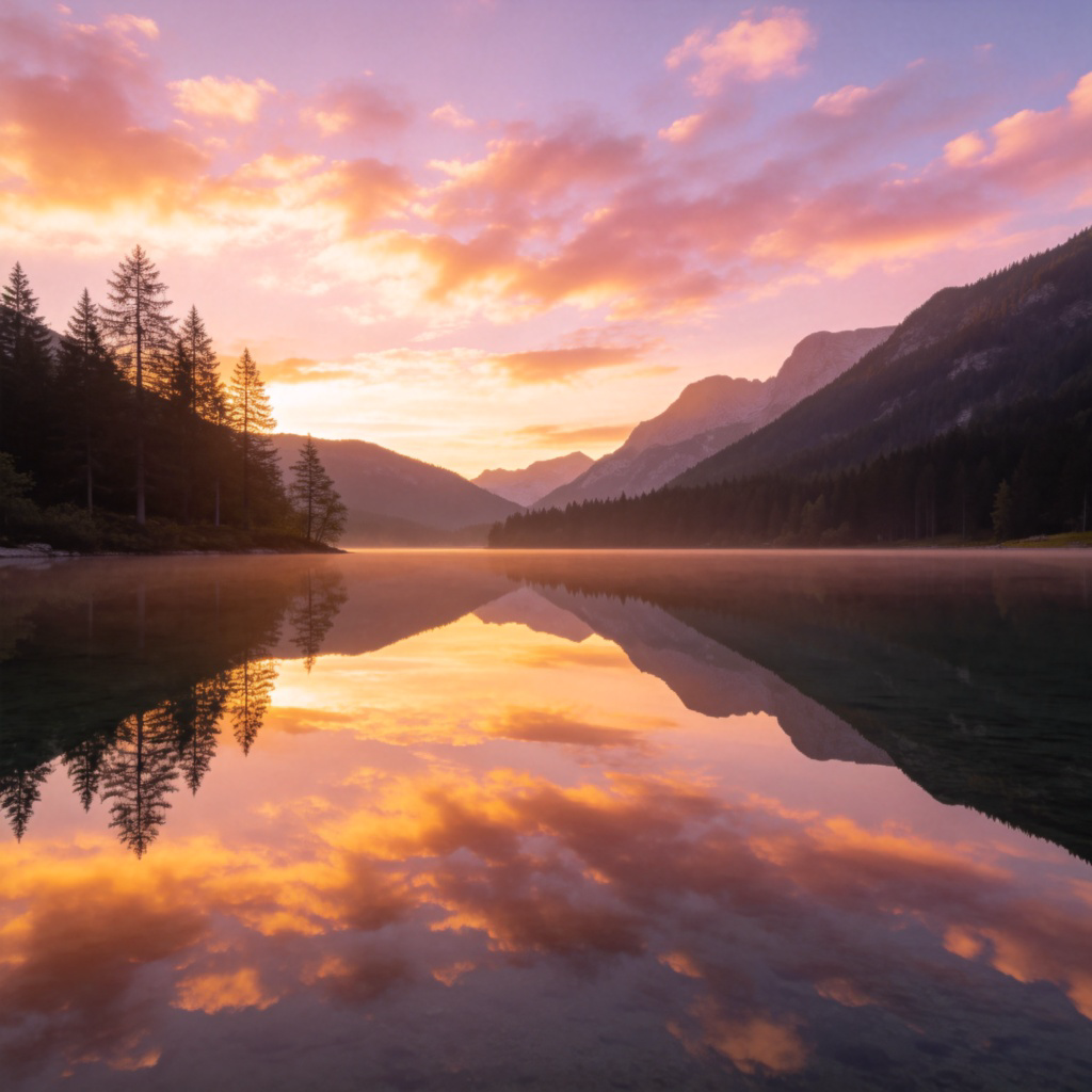 A close-up view of a very calm, clear lake at sunrise. The water is completely smooth with no ripples, perfectly reflecting the colorful sky and clouds above. The surrounding trees and mountains are mirrored in the water, creating a symmetrical and tranquil scene. No boats or people in view.