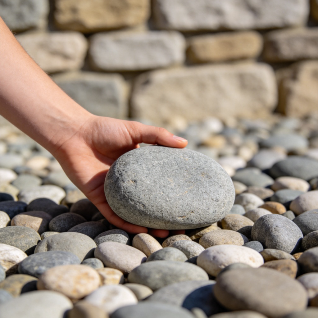 A close-up of a person's hand holding a medium-sized, textured grey stone, resting on a bed of smaller pebbles with a stone wall in the soft-focus background. Daylight, realistic texture, focus on the stone's details. No text.