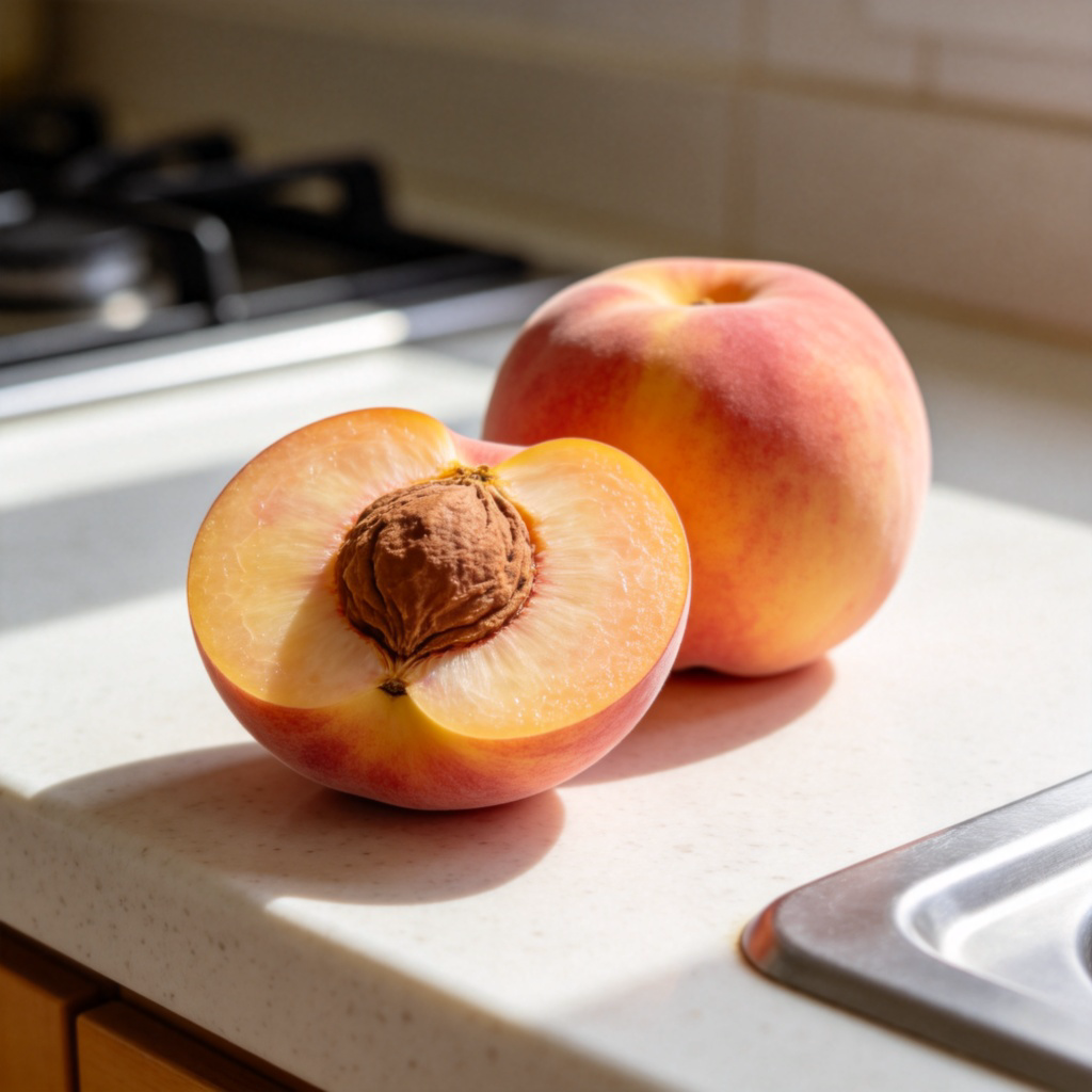 A clean kitchen countertop with a ripe peach sliced in half to reveal the large brown stone in the center. A whole peach sits next to it. Natural lighting, sharp focus on the stone and fruit flesh. No text.