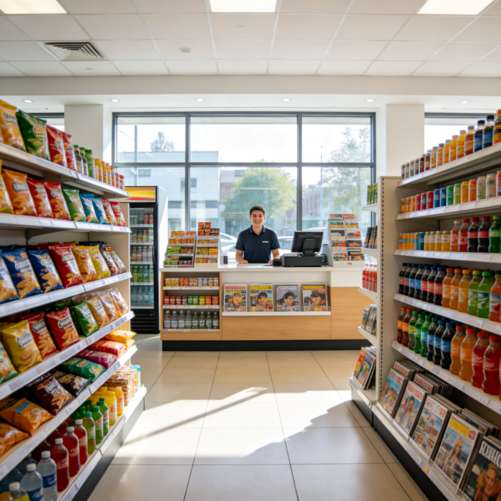 A bright, clean interior of a modern convenience store. Shelves are neatly stocked with colorful snacks, drinks, and magazines. A friendly cashier stands behind the counter. Daylight streams through the large glass window at the front. Photorealistic style, wide shot showing the entire store layout. No text or logos.