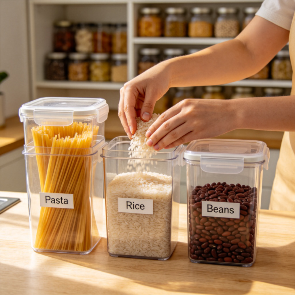 A person's hands are placing dry pasta, rice, and beans into clear, airtight plastic containers on a kitchen counter. The containers are neatly labeled. In the background, a well-organized pantry shelf is partially visible. Focus is on the hands and the act of storing food. Soft, natural kitchen lighting. Photorealistic style.