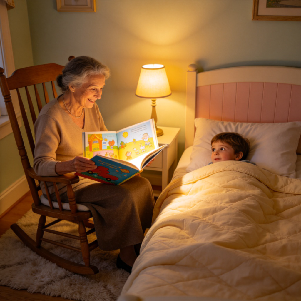 A cozy scene: a smiling grandmother in a rocking chair, reading a colorful picture book to a wide-eyed young child tucked in bed. Warm lamplight illuminates the book's pages. Focus on their faces and the book. The room is tidy and comfortable. Photorealistic style, no text.