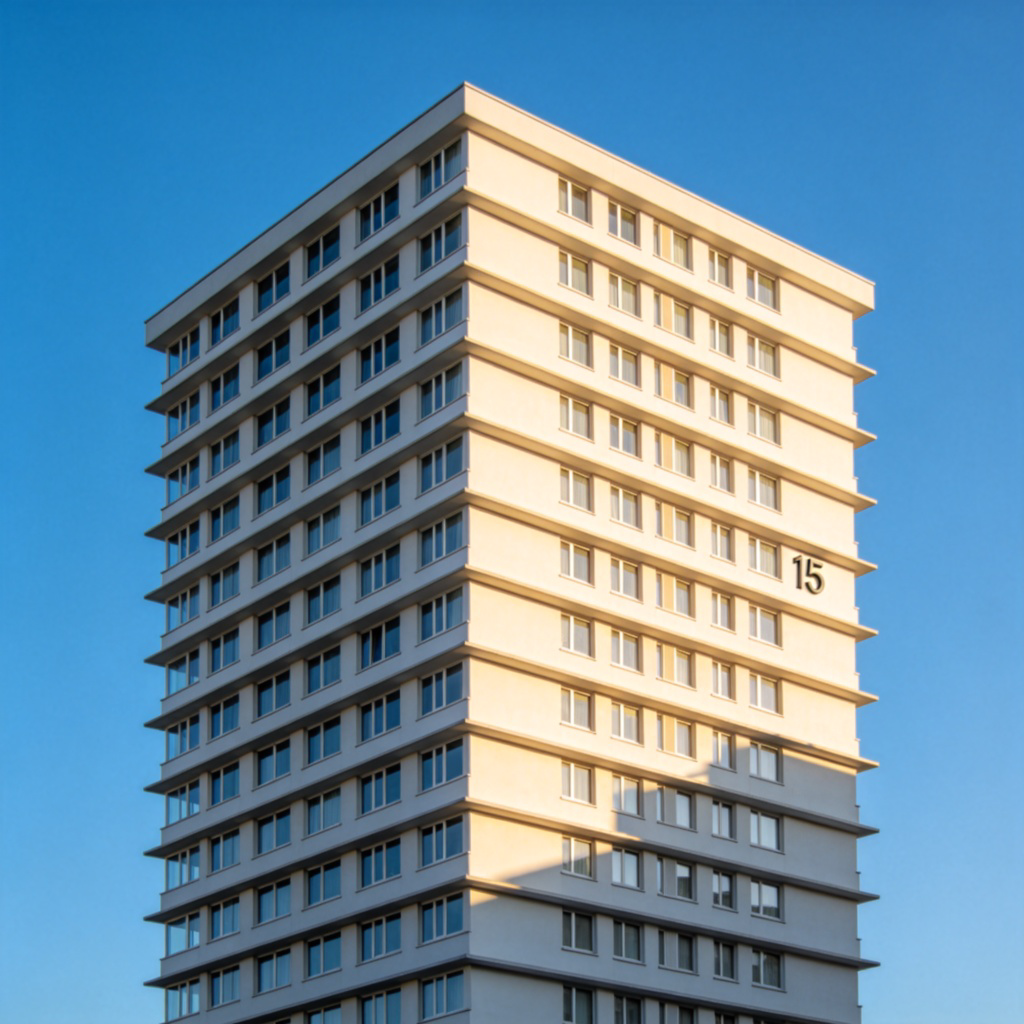 A tall modern apartment building seen from the outside. The sunlight highlights rows of identical windows stacked on top of each other, clearly showing many separate floors. A number '15' is subtly indicated on the side of the building (as part of the architecture, not a logo). Clear blue sky background. Architectural photography style, no text overlays.