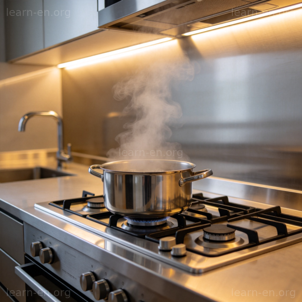 stove 炉子图解：现代厨房银色炉灶，炉头上水壶正烧水冒蒸汽