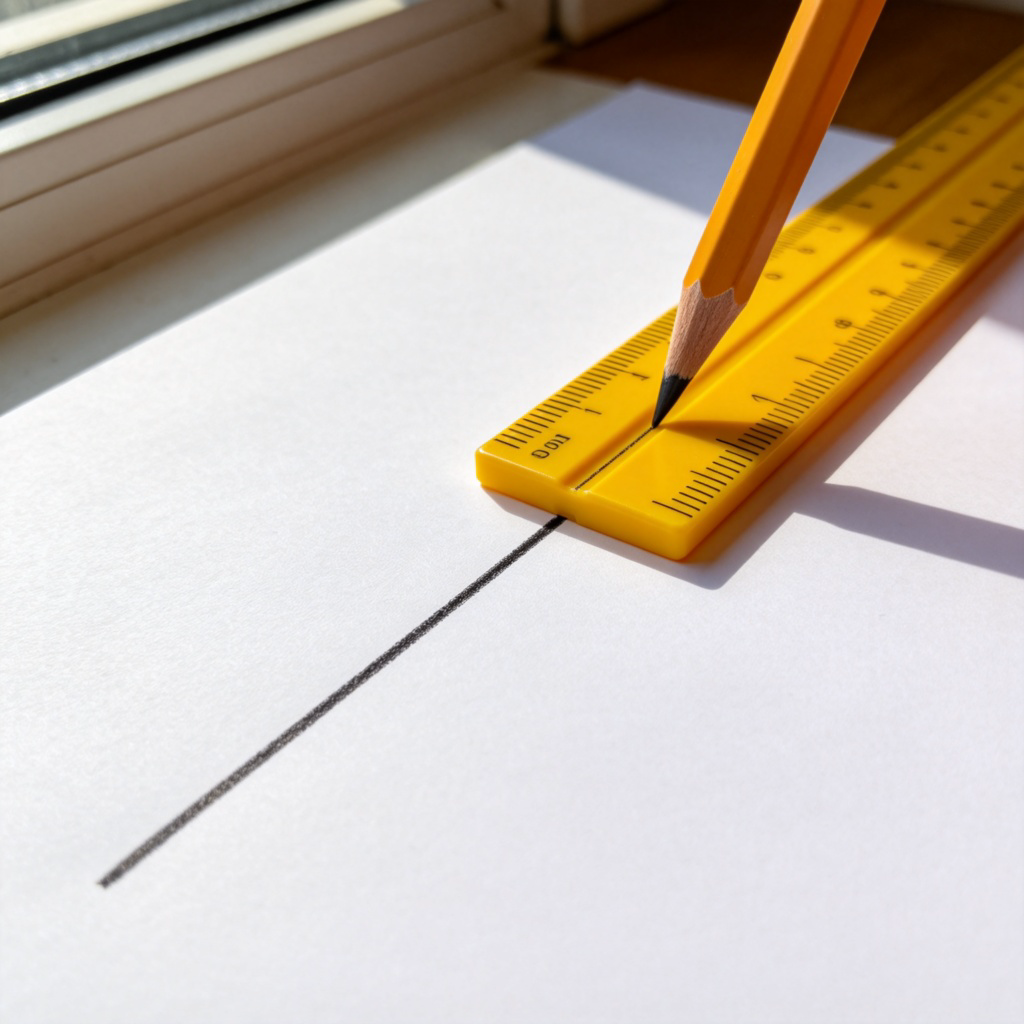 A close-up photo of a yellow plastic ruler lying on a piece of white paper. A sharp pencil is held against the ruler, drawing a long, dark, perfectly straight line from one end of the paper to the other. Bright, natural light from a window, clean and simple composition. No text.