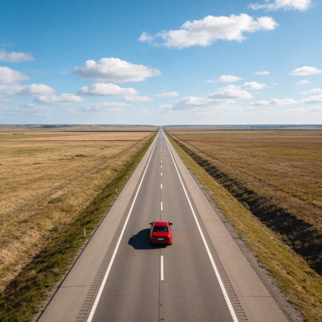 A top-down view of a long, straight highway stretching into the distance, with a red car driving in the middle lane. The road cuts through a plain landscape under a blue sky with a few clouds. The scene conveys a sense of direct and uninterrupted travel. No text.