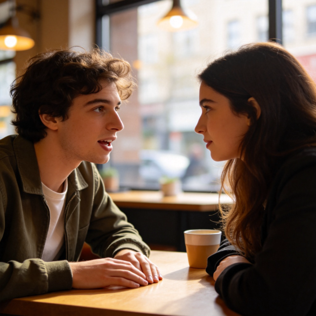 A portrait photo of two friends sitting at a cafe table, looking directly at each other. One person is speaking with a sincere and open expression, hands resting on the table. The other is listening attentively. Warm, natural lighting, soft background focus. The image conveys honesty and direct communication. No text.