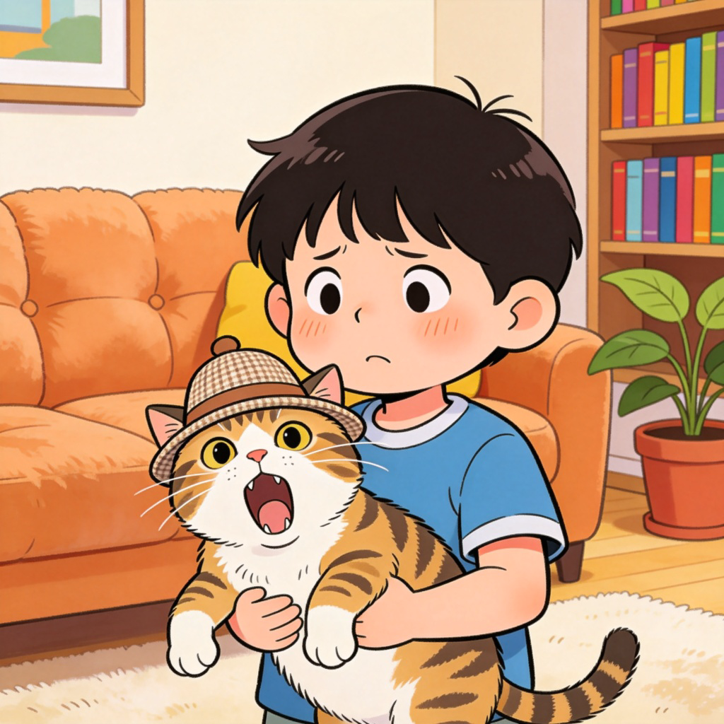 A young child looking puzzled, holding a cat that is wearing a tiny hat and barking like a dog. The scene is in a cozy living room. The focus is on the child's confused expression and the unusual behavior of the pet. Bright, clear cartoon illustration style. No text.