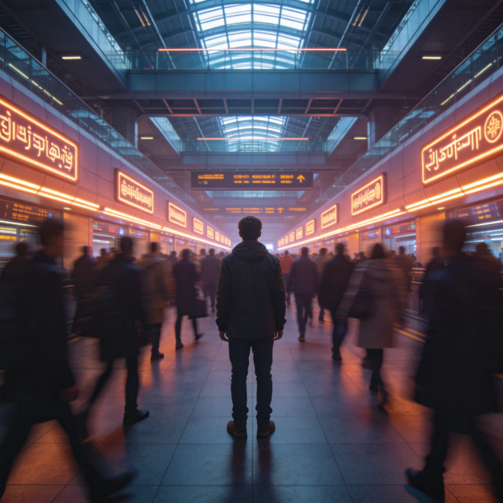 A traveler standing alone in the center of a bustling, futuristic train station with glowing signs in an unfamiliar script. The person looks slightly lost and is observing the busy crowd around them. Photorealistic style, dynamic atmosphere, focus on the traveler's perspective. No text.
