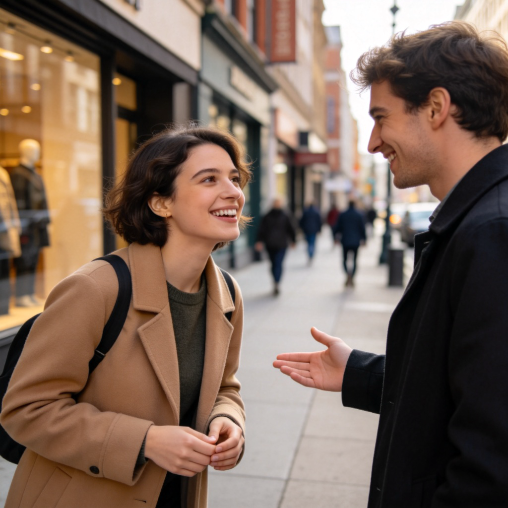 A person standing on a city sidewalk, politely asking for directions from another person they have never met before. Both people are smiling slightly, showing a safe and common urban interaction. The background shows a generic street with shops. Focus on the two people's faces and body language. No text.