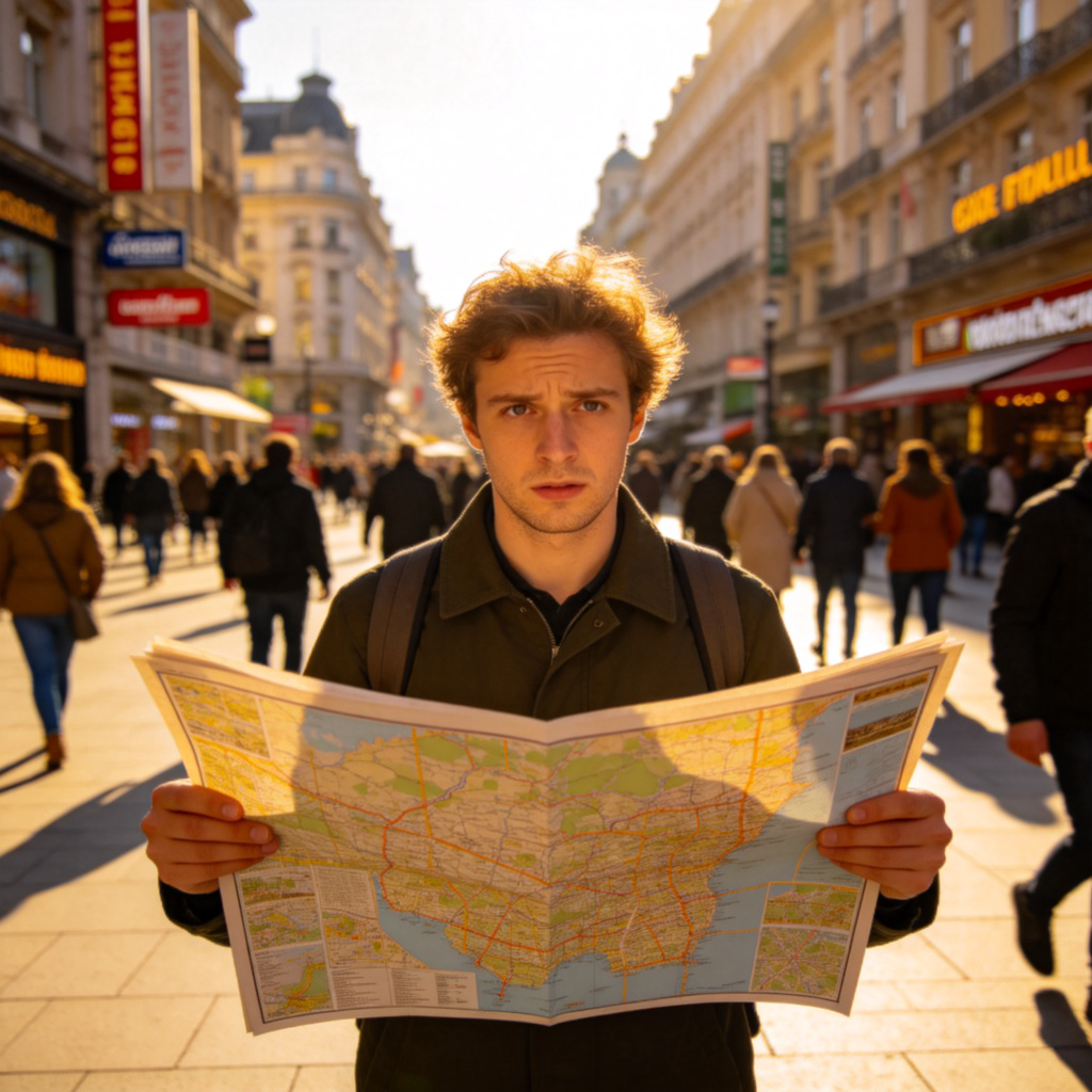 A tourist looking slightly confused, holding a large unfolded map, standing in the middle of a busy, unfamiliar city square with foreign-language signs. The expression on their face shows they are not sure which way to go. No text.