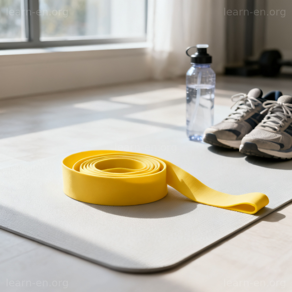 Yellow resistance strap coiled on yoga mat with sneakers and water bottle