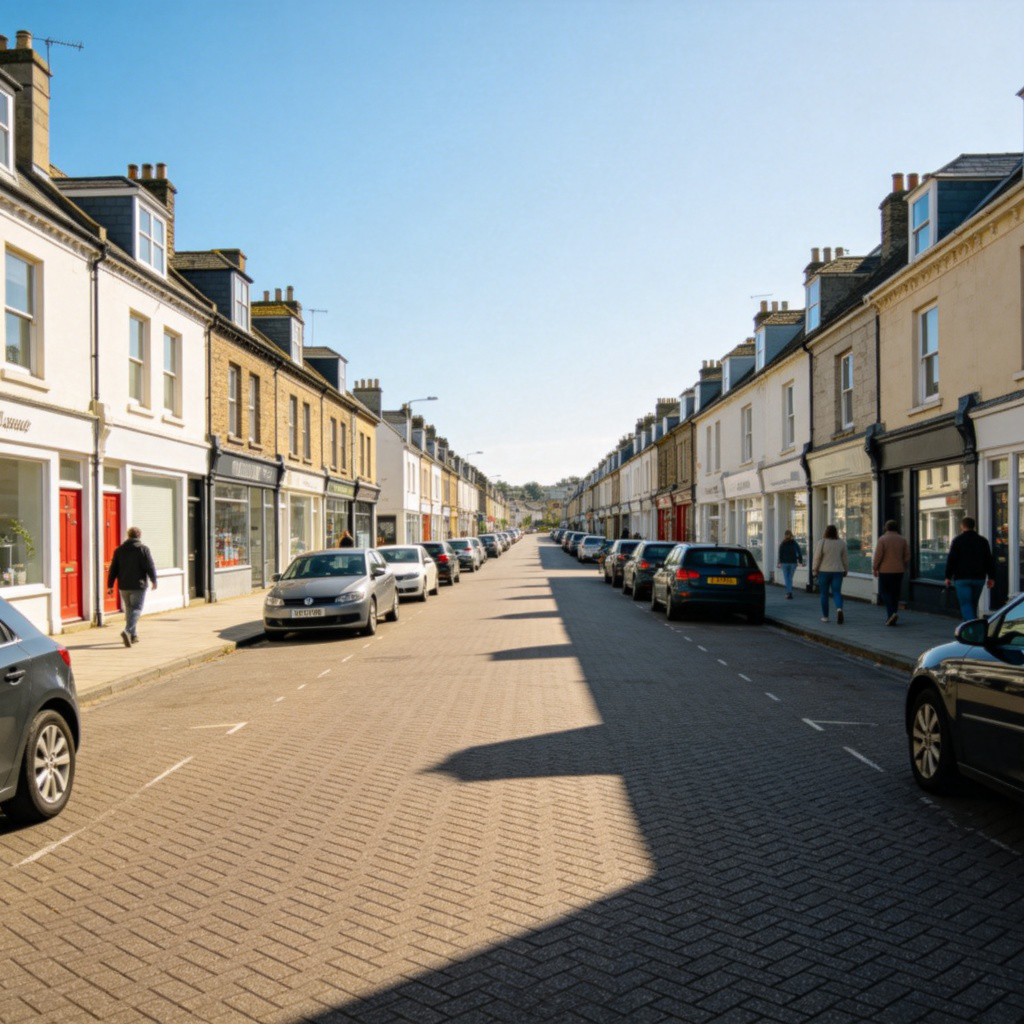 A wide, paved city street during daytime, with cars parked on both sides and a few people walking on the sidewalks. There are shops and houses with visible doors and windows lining the street. Clear blue sky, natural sunlight, realistic photography style. No text or logos visible.