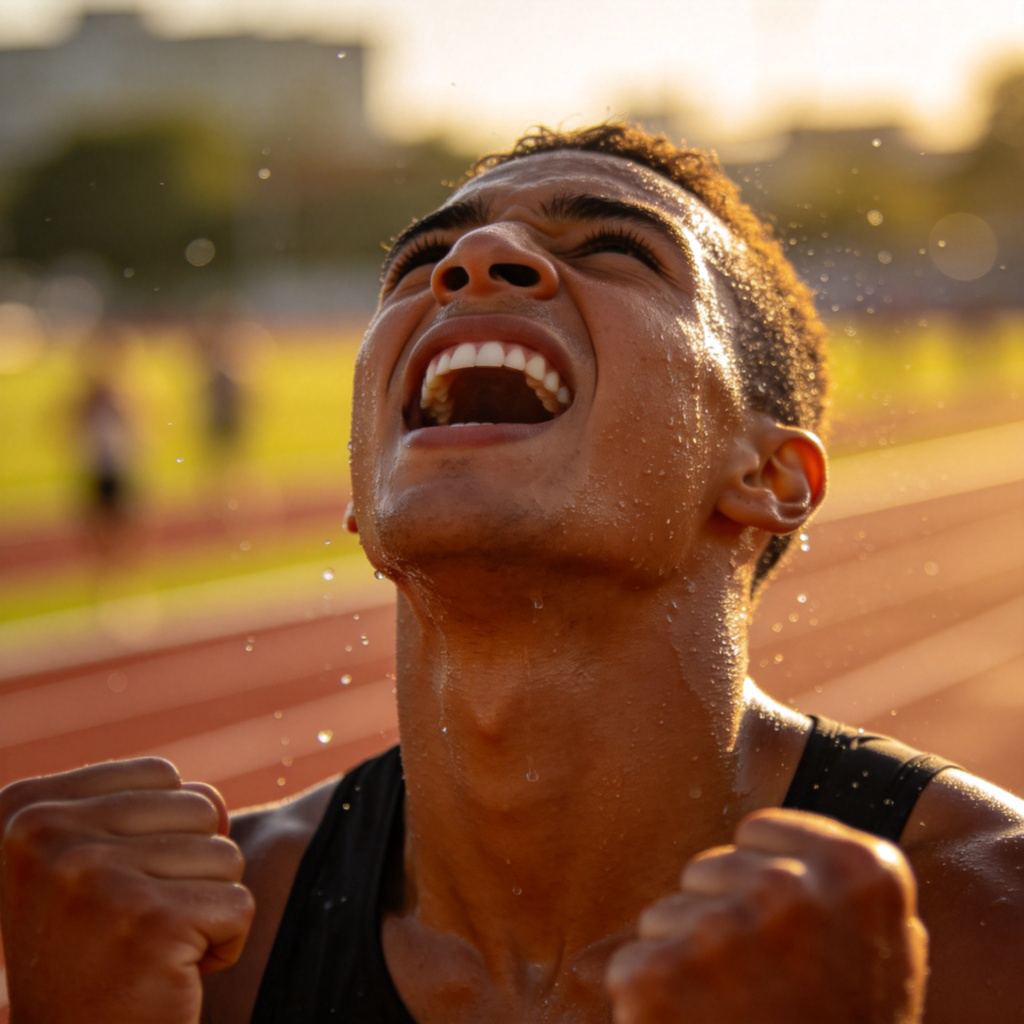 A determined athlete, covered in sweat, is at the finish line of a race, holding their head high with fists clenched. They have just overcome great exhaustion. The focus is on their face showing resilience and triumph, against a blurred background of a sports field. Clear, motivational sports photography style.