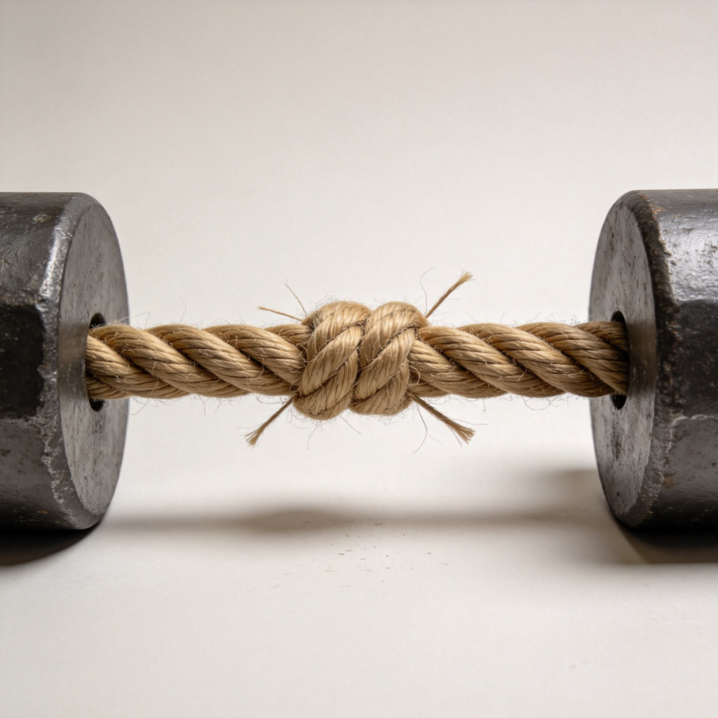 A close-up photo of a thick rope being pulled taut by heavy weights on both ends, showing its fibers straining but not breaking. Plain background, focus on the texture and tension of the rope. Sharp, clear industrial photography.
