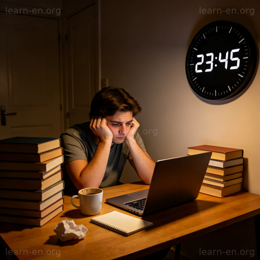 Stressed out person at desk with laptop and books late night