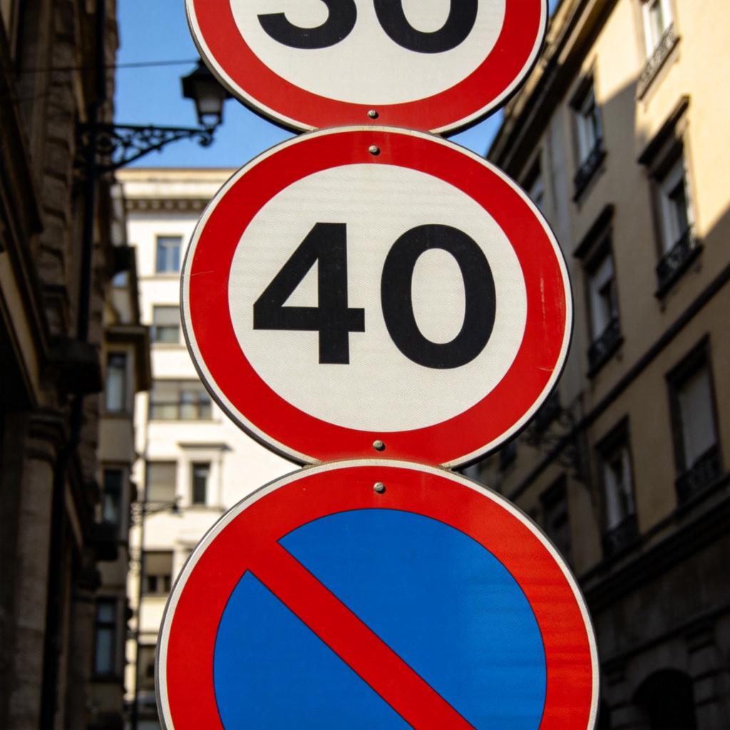 A close-up photograph of official traffic regulation signs on a city street. Signs include speed limits and no-parking symbols. The signs are clear and authoritative, photographed in daylight against a simple background. No text other than what appears on the signs themselves.