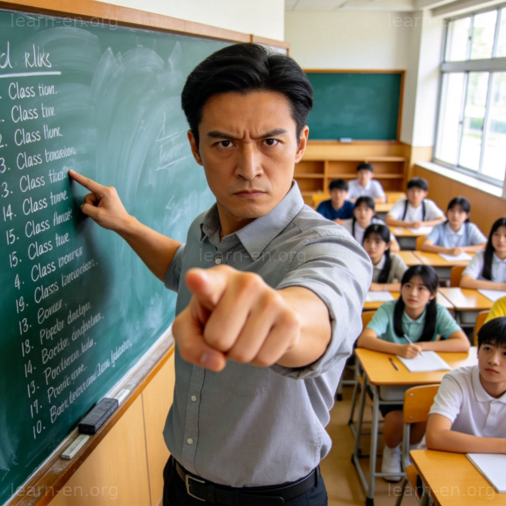 strict 含义图解：老师在黑板前严肃讲解课堂规则