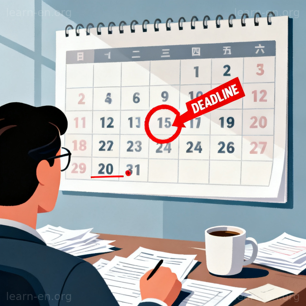 Stringent deadline marked in red on wall calendar with coffee
