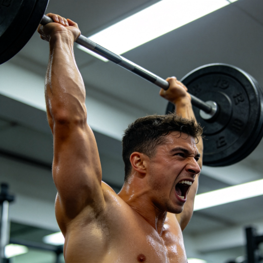 A muscular person in a gym, lifting a heavy barbell over their head. Focus on the defined arm and shoulder muscles under bright gym lights. The person's face shows effort. Plain gym background, no other people or text.