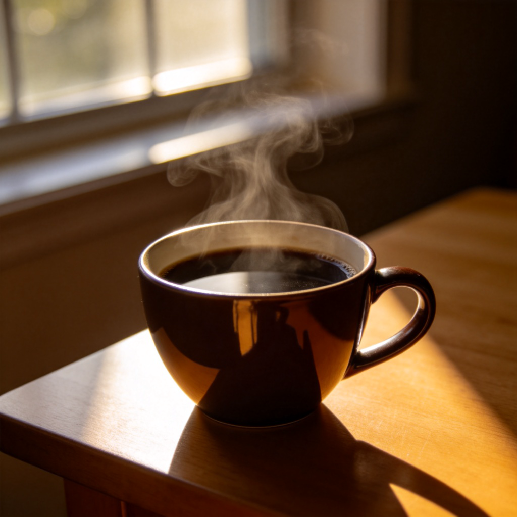 A close-up view of a steaming, dark brown cup of black coffee on a simple table. The coffee looks very rich and dark. Early morning sunlight streams in from a window, highlighting the steam rising from the cup. No text or people.